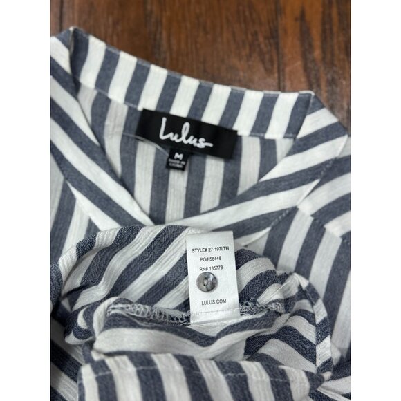 NEW Lulus Womens M Blue White Vertical Stripe Button-Up Tie Front Tunic Top Chic - Picture 8 of 10